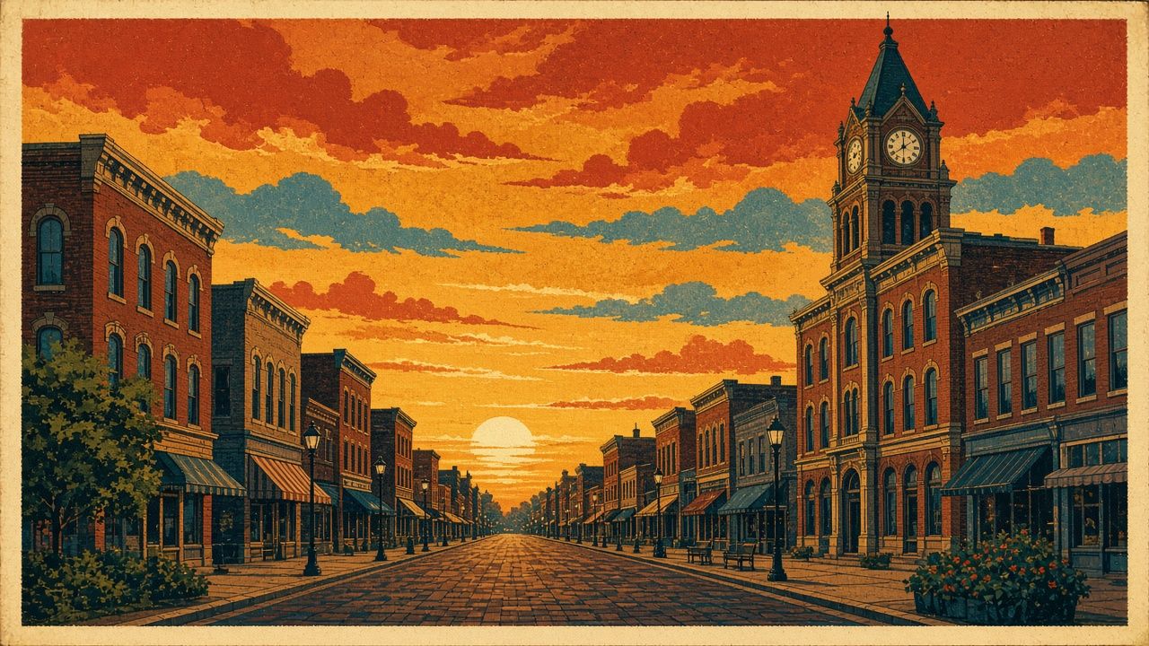 Poster-style illustration of downtown