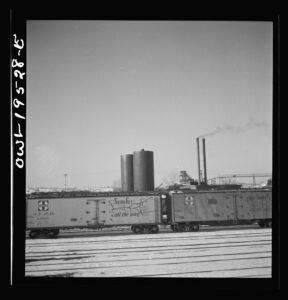 Related view: Streator, Illinois. Going through the Atchison, Topeka and Santa Fe Railroad yard. In the background is a 